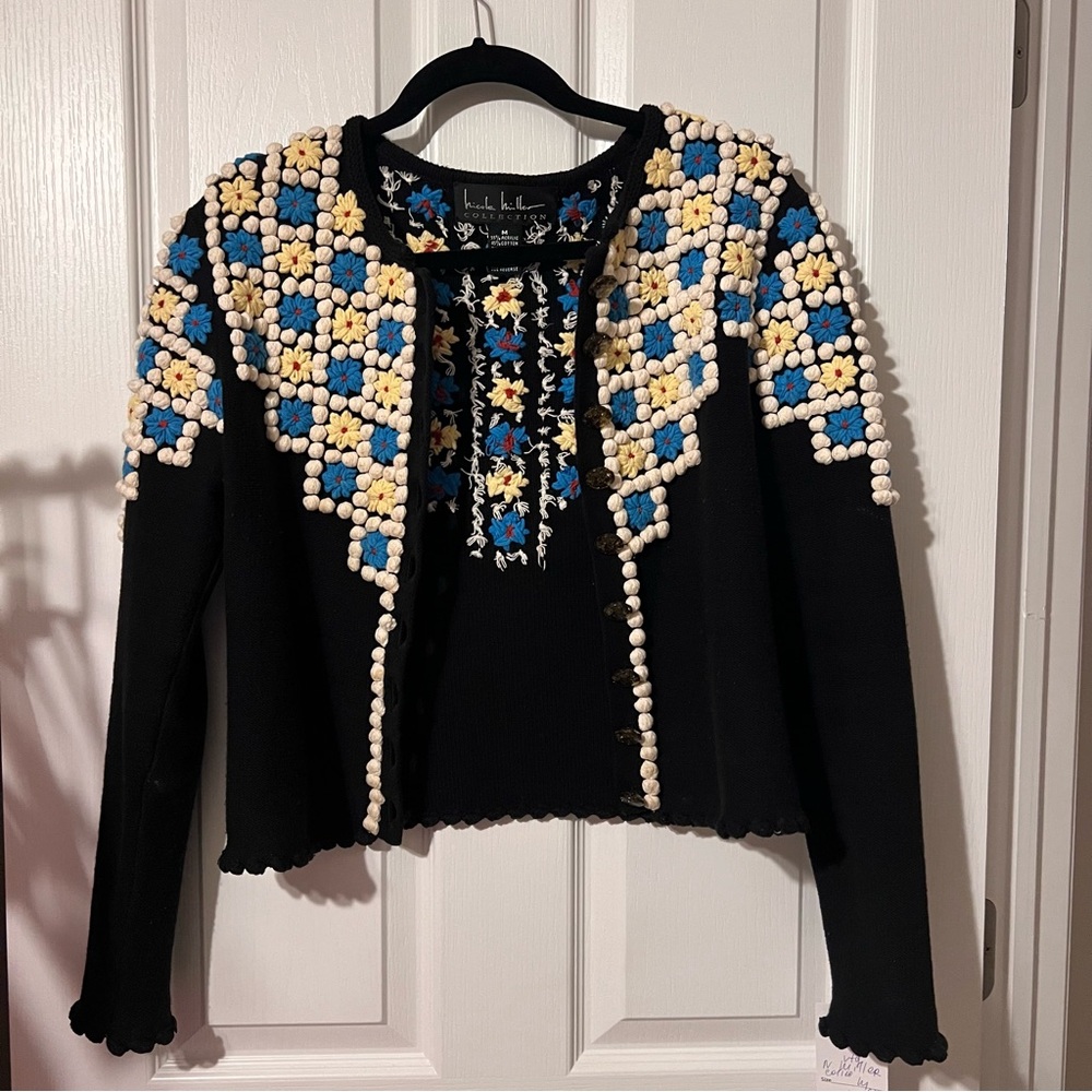 Nicole Miller knit Black Cardigan with Floral Accents